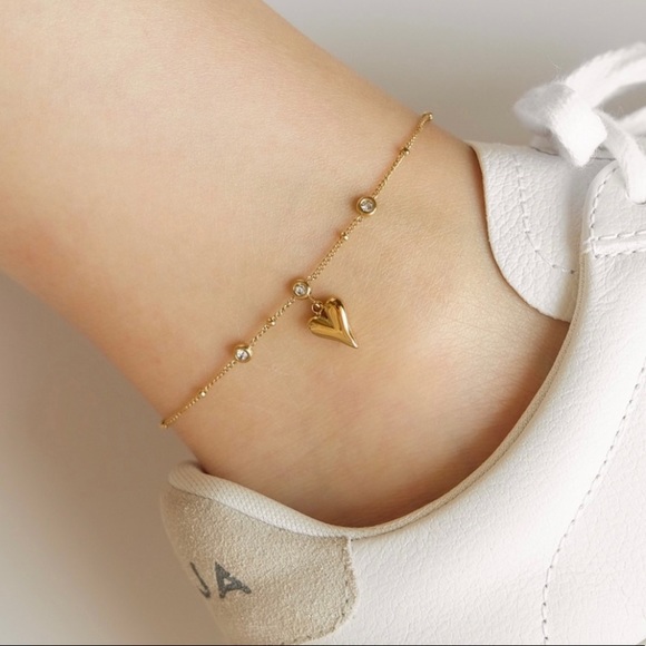 Heart Beaded Crystal Zirconia Dainty Anklet | Gold Plated Stainless Steel - Picture 6 of 6